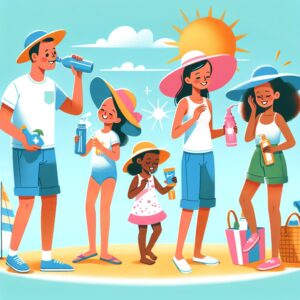 Illustration d'une famille profitant d'une journée estivale ensoleillée, où chacun adopte des gestes de prévention pour la santé : boire de l'eau, porter un chapeau, mettre de la crème solaire. Ambiance joyeuse et estivale.