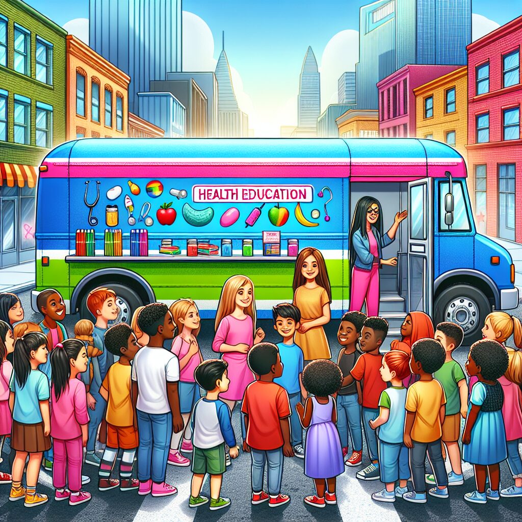 A vibrant and engaging illustration of a mobile health education bus visiting a city, surrounded by young people engaging in interactive activities and learning about health and wellness. The bus is colorful, displaying educational banners and playful themes to attract youth.