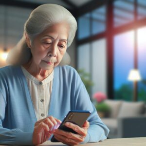 An elderly individual, around 60 years old, seated at a desk using a smartphone or computer, displaying focus and engagement. The background should express a calming home environment, with soft lighting highlighting the importance of self-assessment in health.