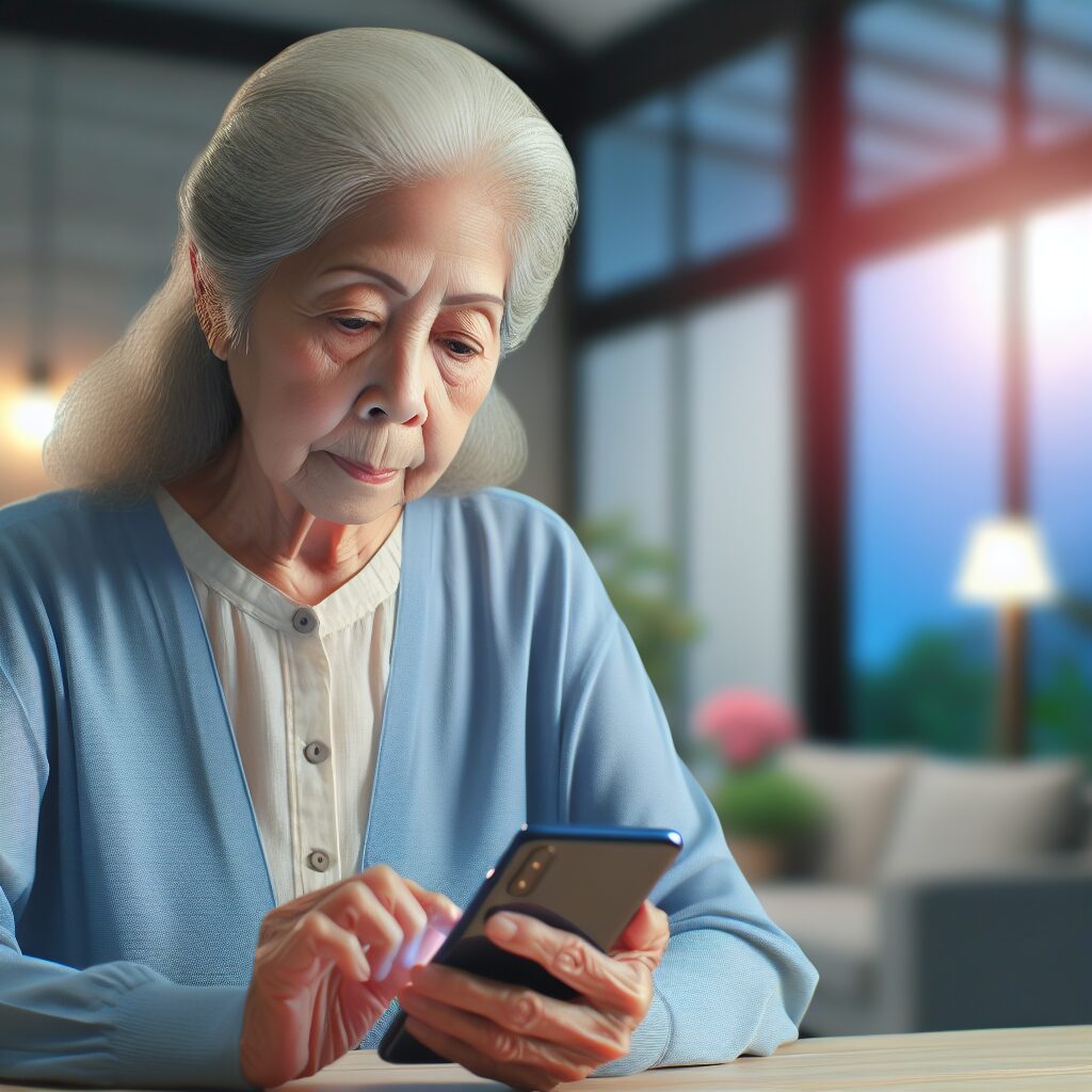 An elderly individual, around 60 years old, seated at a desk using a smartphone or computer, displaying focus and engagement. The background should express a calming home environment, with soft lighting highlighting the importance of self-assessment in health.