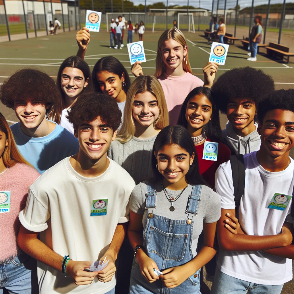 A diverse group of young teenagers, both boys and girls, smiling outdoors at a school playground, holding vaccination cards or wearing stickers that say "I got vaccinated". The background should show an educational setting with subtle elements indicating health and prevention, like posters about HPV awareness.