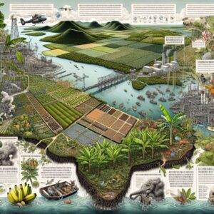 An informative and educational illustration showing the impact of the pesticide chlordécone on the environment in Guadeloupe and Martinique, featuring a detailed map and visual elements like banana plantations, rivers, and local wildlife, with a focus on modern digital tools and community support.