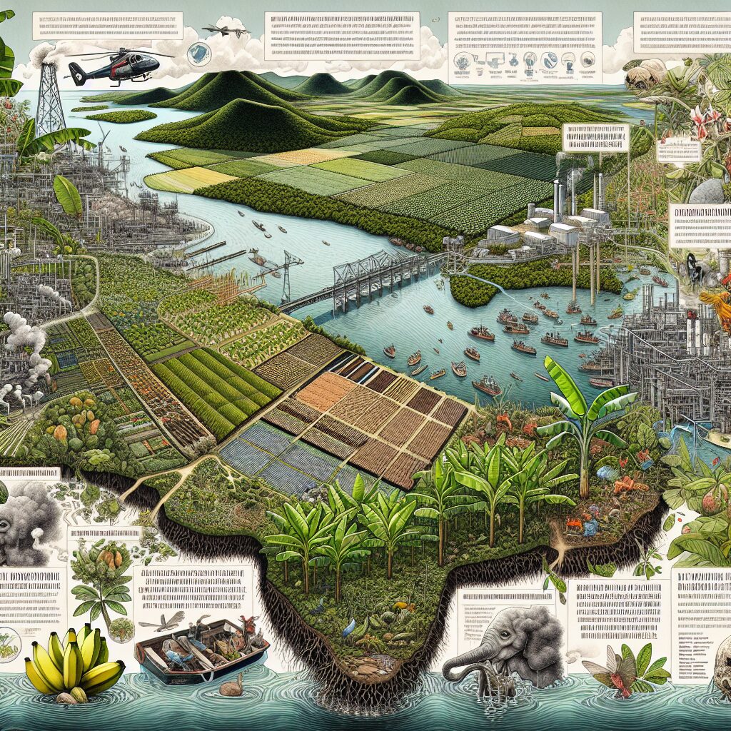 An informative and educational illustration showing the impact of the pesticide chlordécone on the environment in Guadeloupe and Martinique, featuring a detailed map and visual elements like banana plantations, rivers, and local wildlife, with a focus on modern digital tools and community support.
