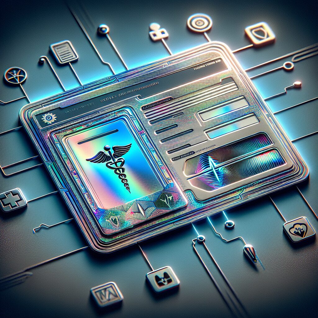 Image of a secure paper form with holographic features, illustrating a medical document. The form includes security elements like holograms and magnetic ink. It should convey the concept of security and authenticity in medical documentation.