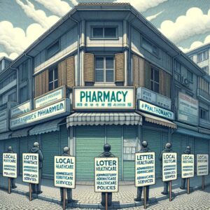 An illustration depicting a closed pharmacy with protest signs in front, emphasizing the impact of governmental decisions on local healthcare access.