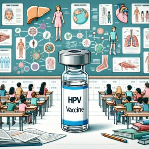 A vaccine vial labeled 'HPV Vaccine', surrounded by educational materials and brochures with diagrams of the human body, a school setting in the background, diverse children and teenagers, representing health and prevention.