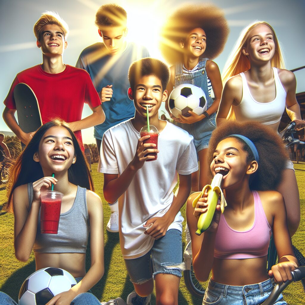 A diverse group of teenagers having fun outdoors, engaging in healthy activities, with no signs of alcohol, tobacco, or cannabis. The teenagers look happy and healthy, embodying a lifestyle free from addictions. The image should convey a positive and vibrant atmosphere of youth enjoying life.