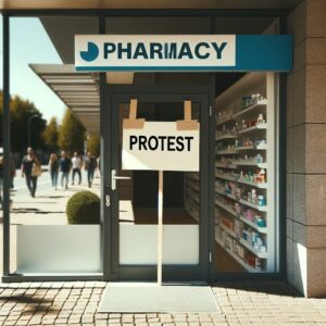 Une pharmacie fermée avec une pancarte de protestation accrochée sur la porte, le tout dans un style photojournalistique en pleine lumière du jour.