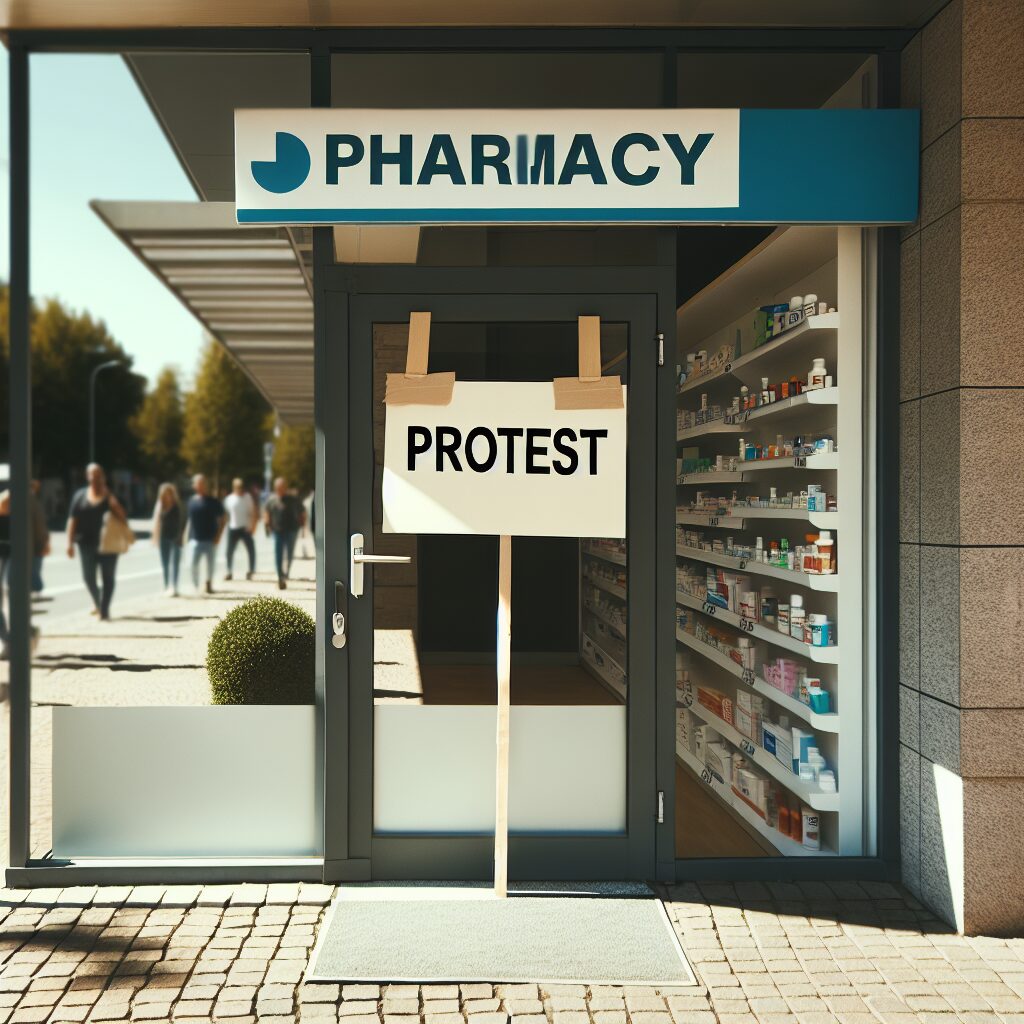 Une pharmacie fermée avec une pancarte de protestation accrochée sur la porte, le tout dans un style photojournalistique en pleine lumière du jour.