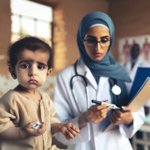 Un enfant souffrant de malnutrition montrant des signes de diabète, dans un environnement de clinique médicale en Afrique ou en Asie du Sud, avec un médecin préoccupé en arrière-plan.