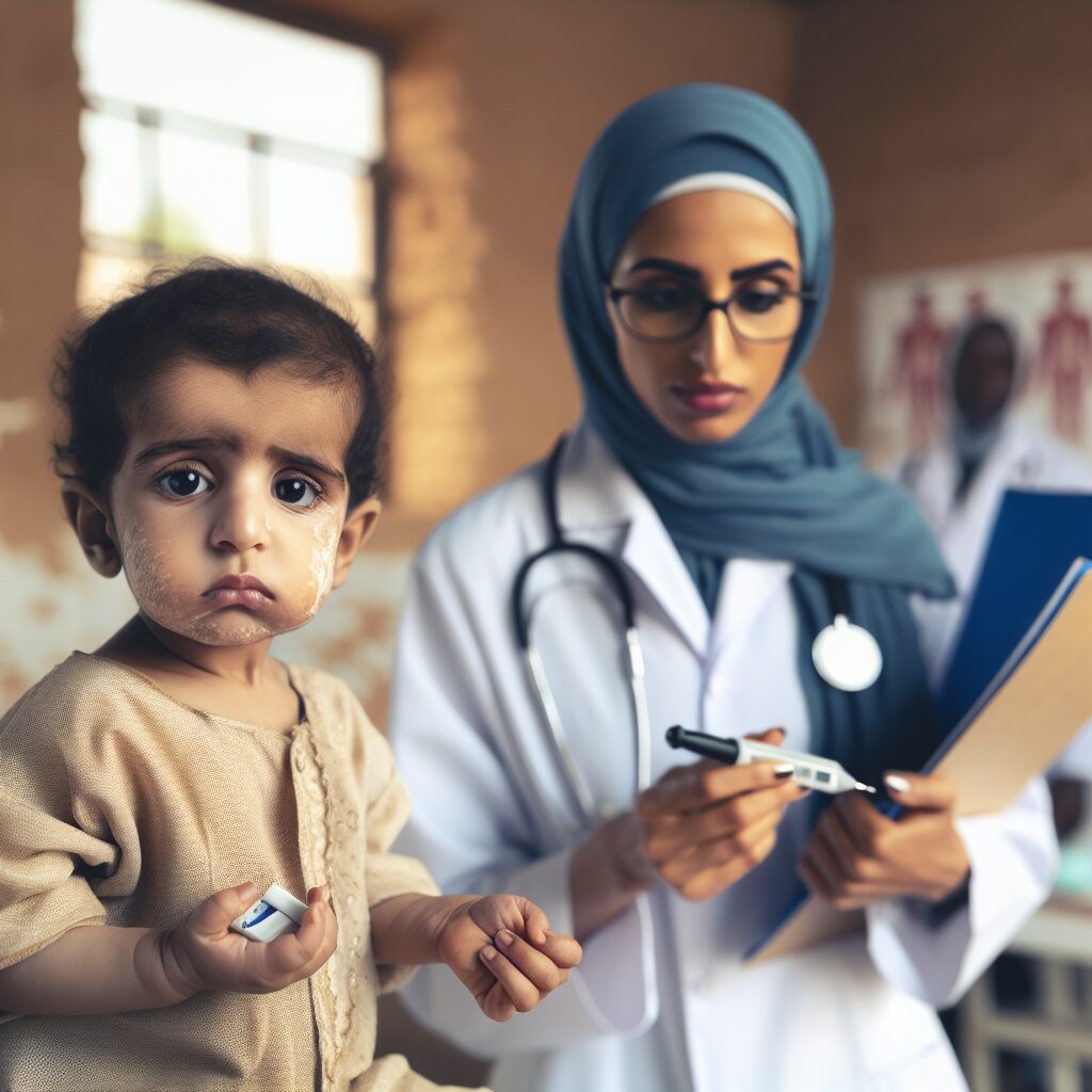 Un enfant souffrant de malnutrition montrant des signes de diabète, dans un environnement de clinique médicale en Afrique ou en Asie du Sud, avec un médecin préoccupé en arrière-plan.