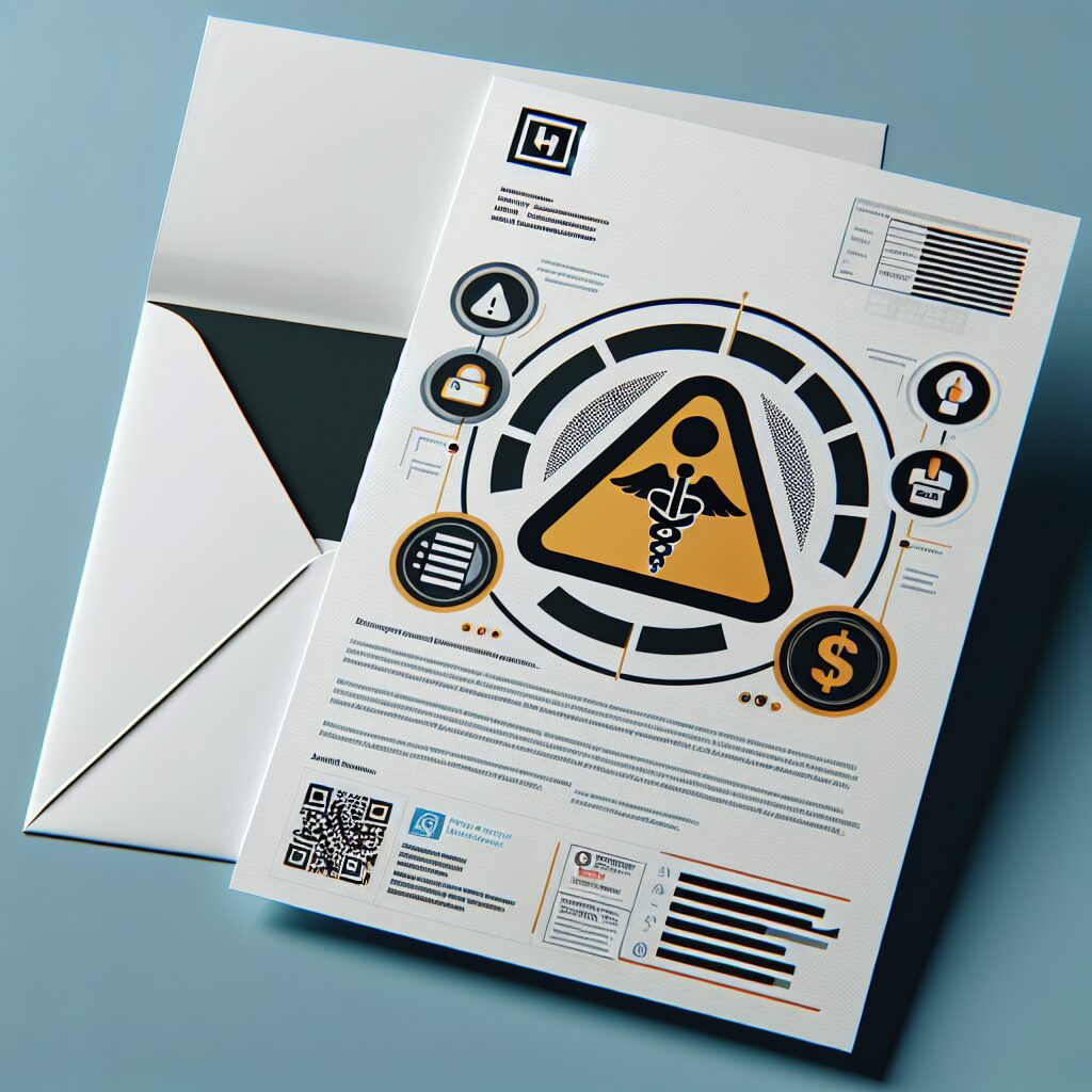 An official-looking letter with a warning sign, showing elements like a white envelope, QR code, and a background symbol of Assurance Maladie, emphasizing fraud prevention and awareness.
