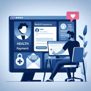 Illustration d'un personnage consultant ses e-mails avec un écran montrant des notifications de l'Assurance Maladie, présentant des icônes de santé et de paiement, dans un style moderne et épuré.