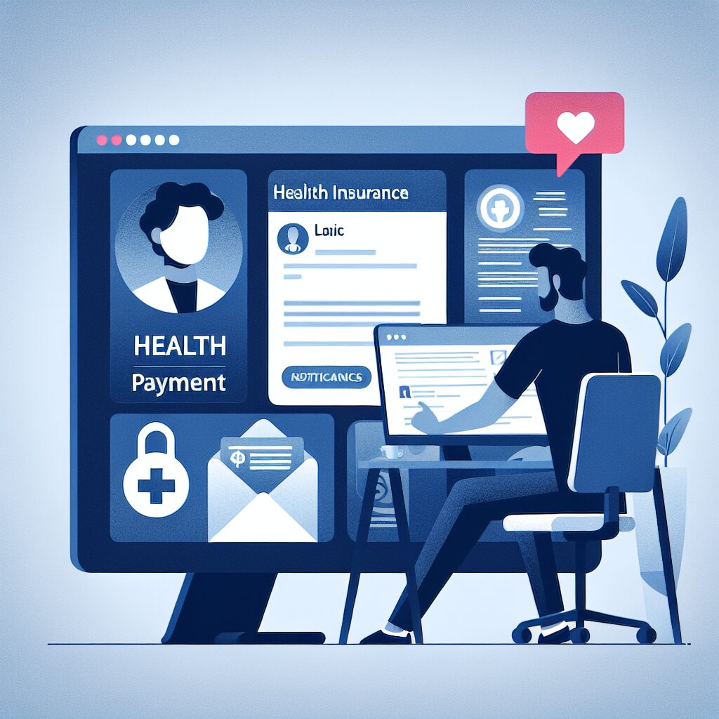 Illustration d'un personnage consultant ses e-mails avec un écran montrant des notifications de l'Assurance Maladie, présentant des icônes de santé et de paiement, dans un style moderne et épuré.