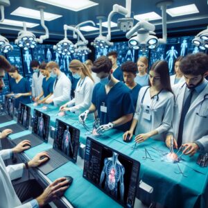 A modern virtual reality simulation room with medical equipment and students engaged in a digital surgery practice, showcasing advanced technology in medicine education.