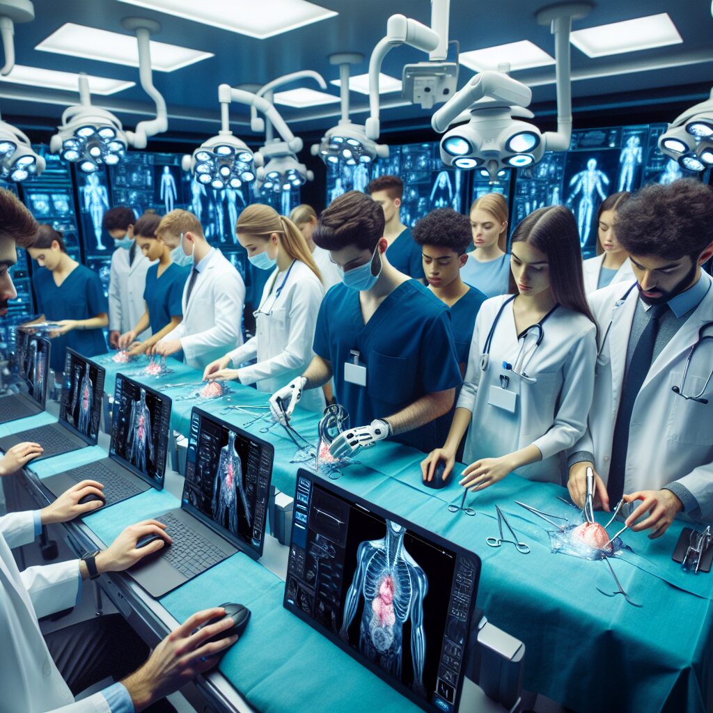 A modern virtual reality simulation room with medical equipment and students engaged in a digital surgery practice, showcasing advanced technology in medicine education.