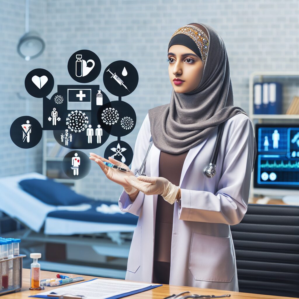 Image depicting a healthcare professional offering advice on preventing Hepatitis A amidst rising cases, set in a modern clinic environment, with visual elements representing hygiene, vaccination, and community health.
