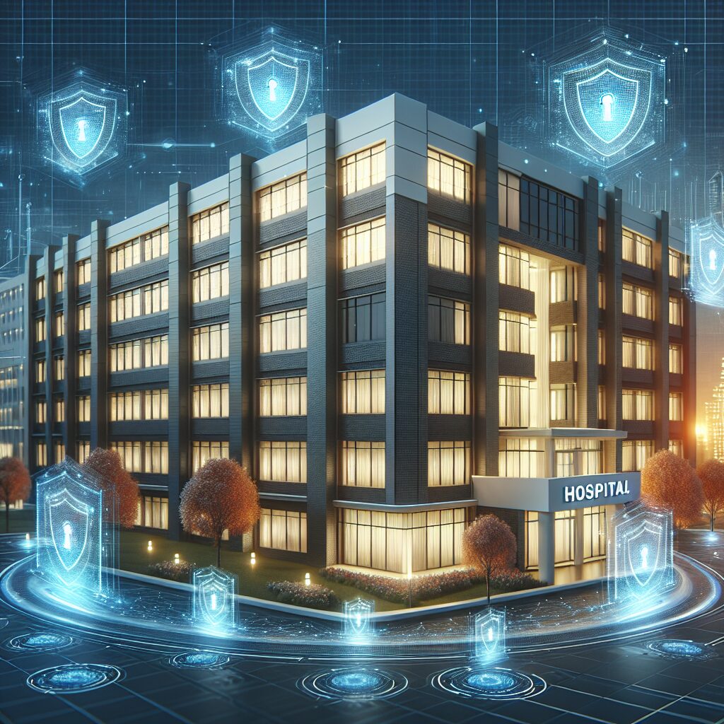 A digital illustration of a hospital surrounded by digital shield icons, representing cybersecurity protection. The hospital is depicted as a modern, multi-story building with a futuristic look, symbolizing advanced security measures. The scene is set at dusk, with soft lighting emanating from the hospital windows and glowing digital shields floating around it.