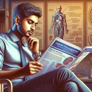 A detailed illustration of a person reading a specialized health journal with sections on diabetes management and renal disease. The scene is cozy and educational, with medical diagrams visible in the background, suggesting a focus on health awareness and daily living strategies.