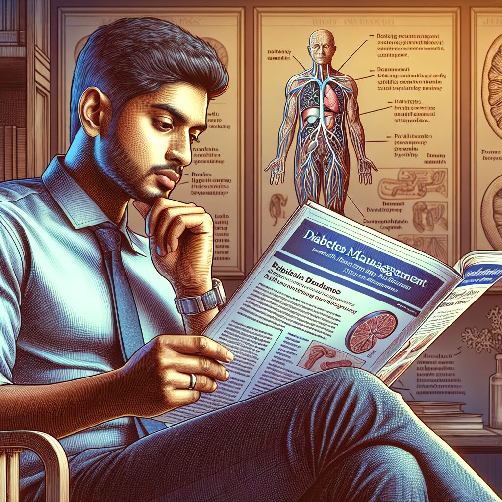 A detailed illustration of a person reading a specialized health journal with sections on diabetes management and renal disease. The scene is cozy and educational, with medical diagrams visible in the background, suggesting a focus on health awareness and daily living strategies.
