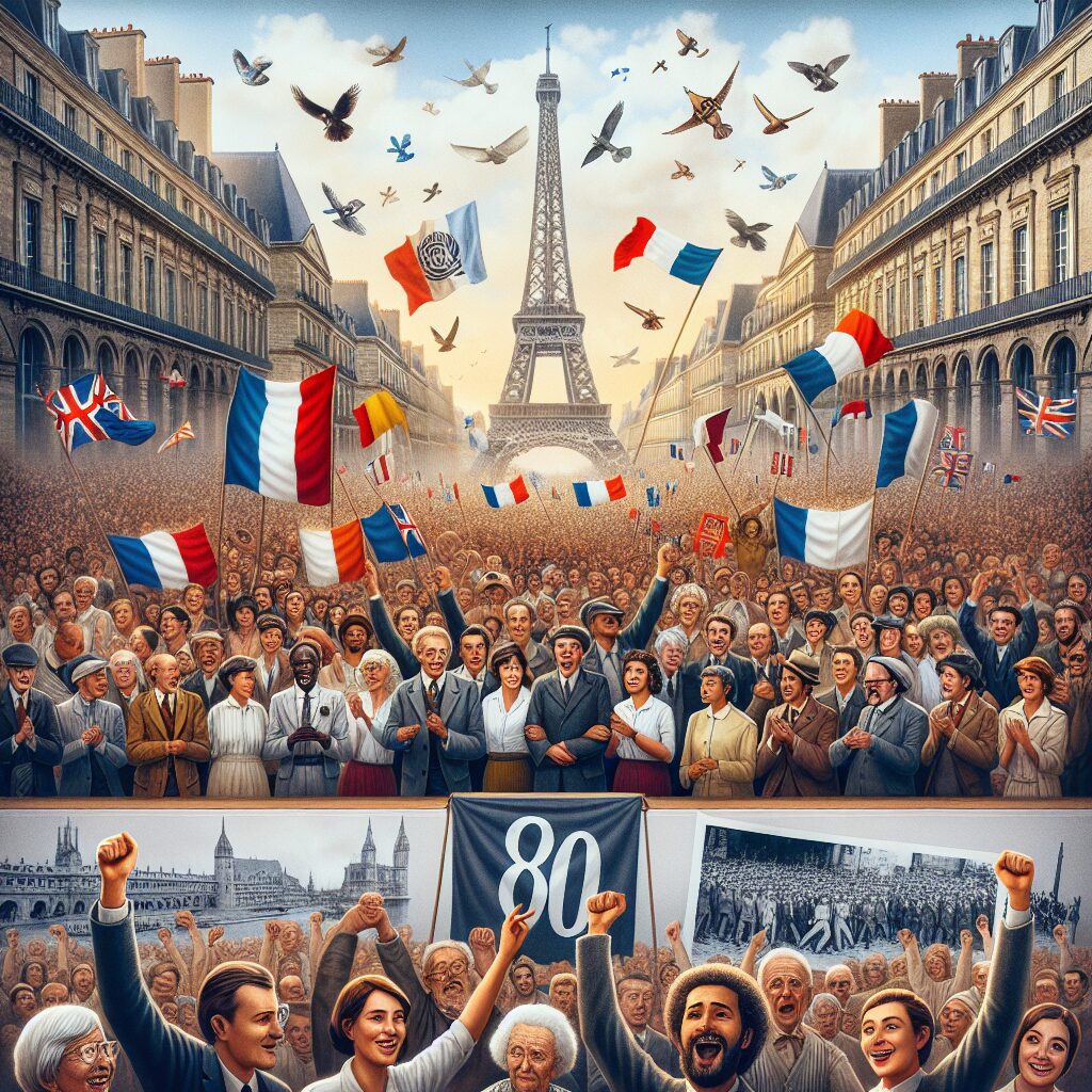 A festive and historical celebration of the 80th anniversary of France's Social Security, with symbols of solidarity and unity, a diverse group of people, historical photographs, and a backdrop of a French cityscape.