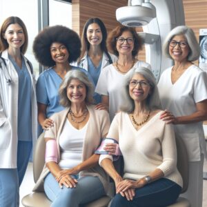 A group of diverse women over 50 years old at a medical clinic, receiving mammogram screenings. The ambiance should be reassuring and supportive, emphasizing health awareness and prevention. Bright, natural lighting enhances a calm and hopeful atmosphere.