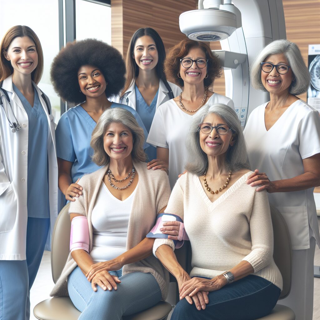 A group of diverse women over 50 years old at a medical clinic, receiving mammogram screenings. The ambiance should be reassuring and supportive, emphasizing health awareness and prevention. Bright, natural lighting enhances a calm and hopeful atmosphere.