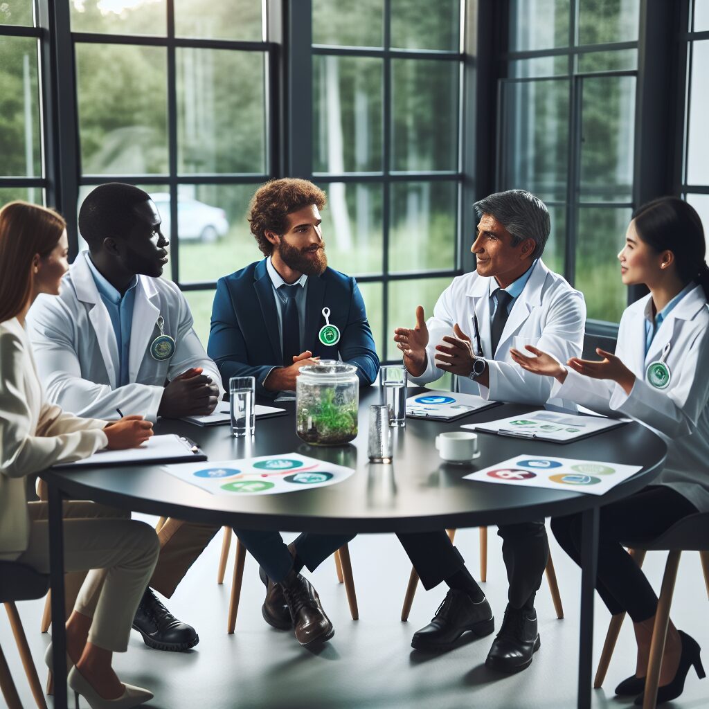 A gathering of diverse professionals in a roundtable setting, discussing health, environment, and workplace safety, symbolizing expertise and collaboration.