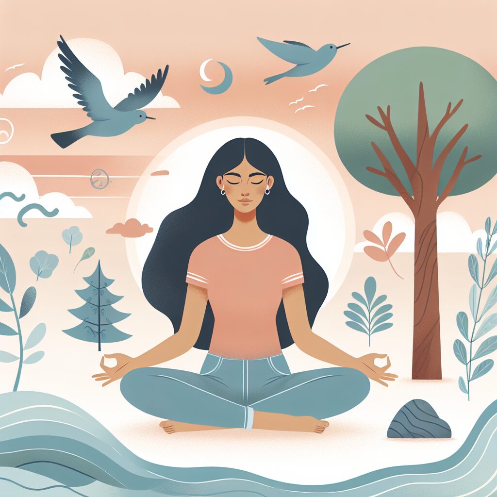 Illustration d'une jeune femme méditant entourée de symboles de tranquillité et indépendance; ambiance zen avec des tons doux et pastel.