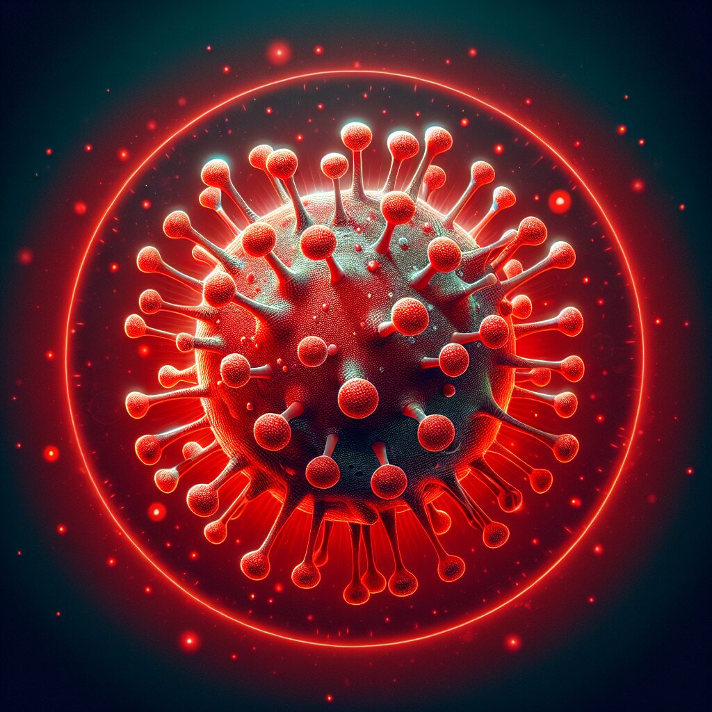 Illustration d'un virus de l'hépatite A, montrant ses caractéristiques microscopiques. Le virus est représenté comme une particule sphérique avec des projections en surface, entouré d'une aura rouge pour symboliser son caractère infectieux.