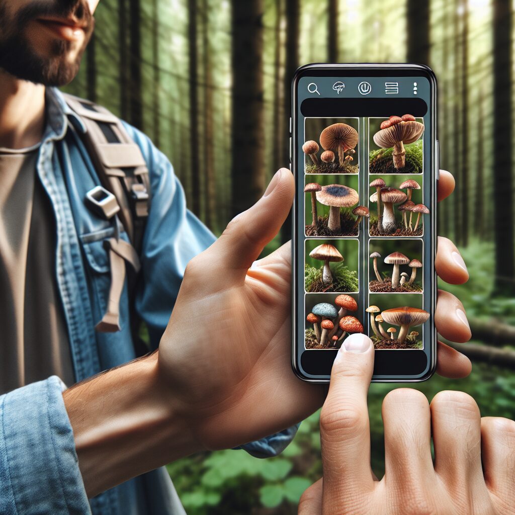 An image of a person using a smartphone app to identify wild mushrooms in a forest setting, with a close-up of various types of mushrooms, emphasizing the diverse and sometimes dangerous nature of wild mushrooms.
