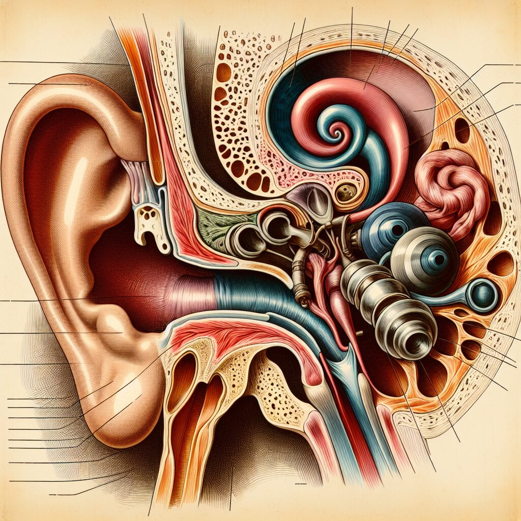 Illustration scientifique d'un système vestibulaire humain avec l'oreille interne en détail, montrant les canaux semi-circulaires et les organes otolithiques. Style médecine contemporaine, couleurs anatomiques, détaillé et éducatif.