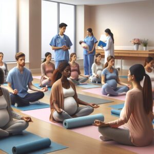 A group of pregnant women engaging in a gentle yoga session in a serene, calming environment at a hospital setting. The atmosphere is positive and supportive, with medical staff guiding the session.