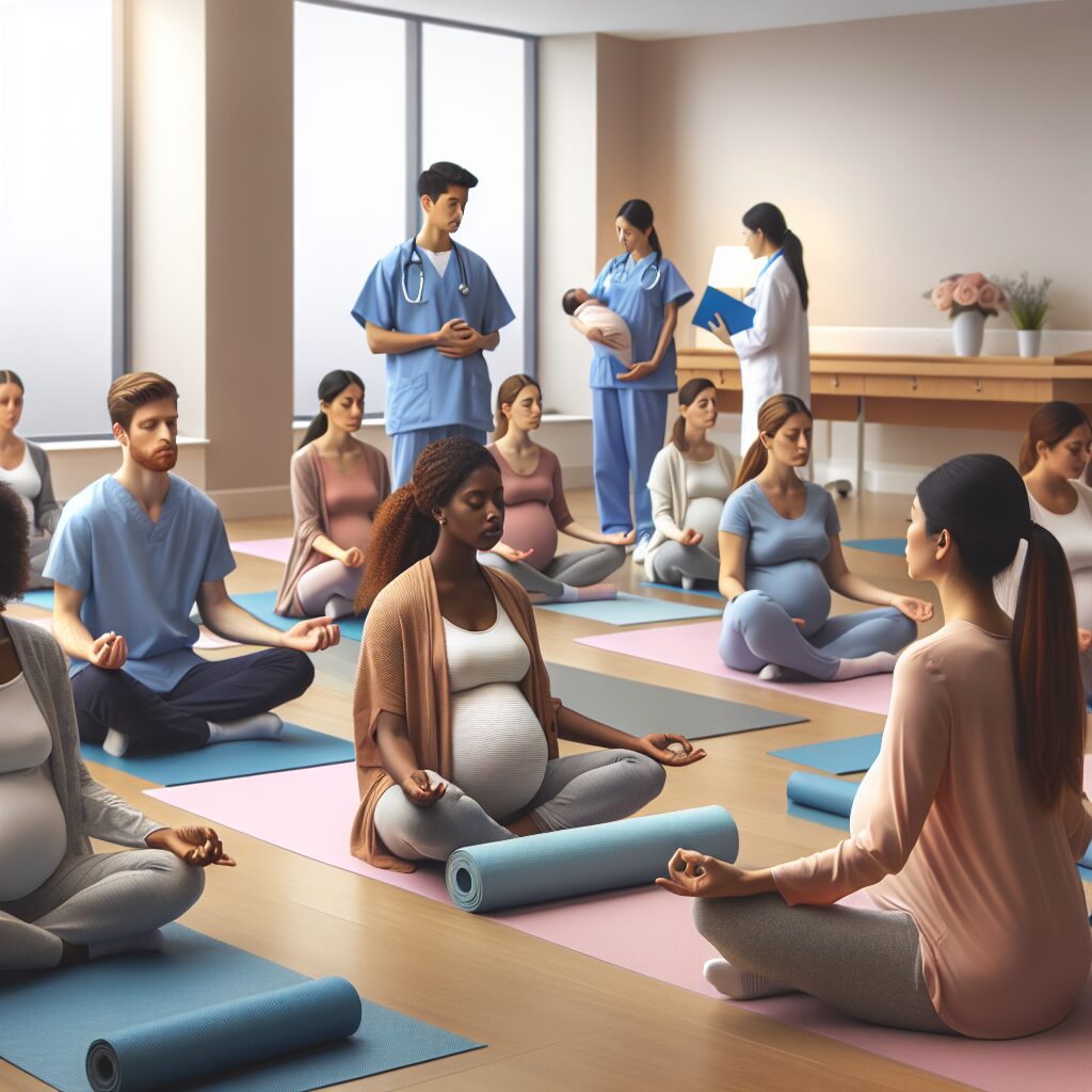 A group of pregnant women engaging in a gentle yoga session in a serene, calming environment at a hospital setting. The atmosphere is positive and supportive, with medical staff guiding the session.