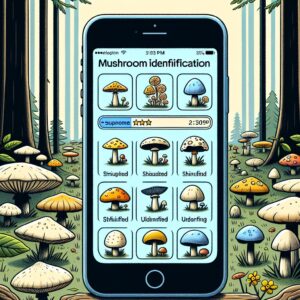 An illustration showing a smartphone with a mushroom identification app in a forest, surrounded by various types of mushrooms. Some mushrooms are clearly identified, while others remain ambiguous, emphasizing the theme of uncertainty and risk in mushroom identification.