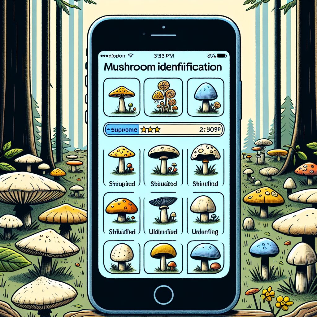 An illustration showing a smartphone with a mushroom identification app in a forest, surrounded by various types of mushrooms. Some mushrooms are clearly identified, while others remain ambiguous, emphasizing the theme of uncertainty and risk in mushroom identification.