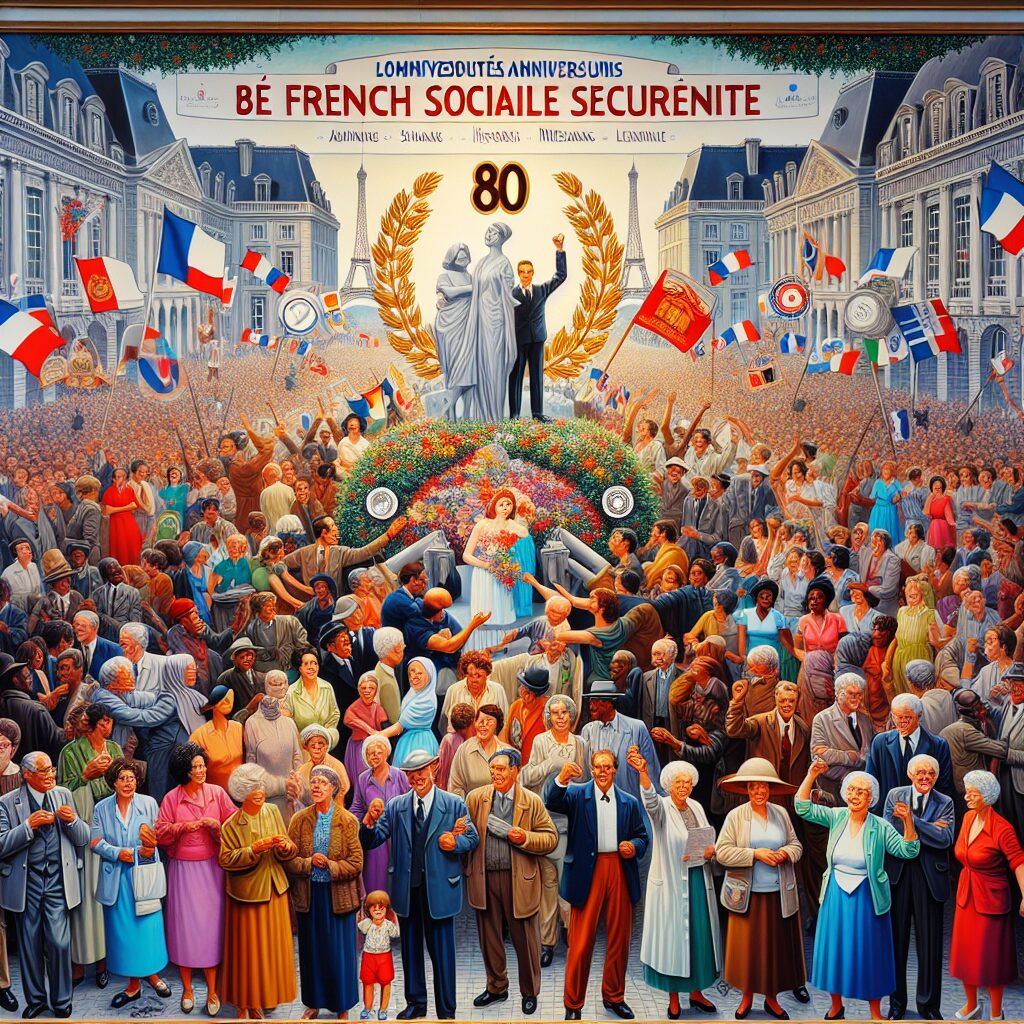 A festive scene celebrating the 80th anniversary of the French Social Security, featuring diverse people from different generations, historical symbols of social welfare in France, and a backdrop of French landmarks.