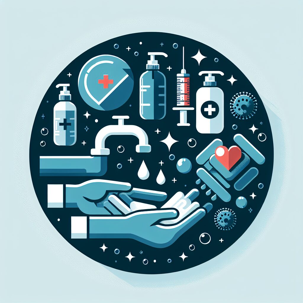 Illustration représentant la prévention contre l'hépatite A, avec des images de lavage de mains, hygiene, et vaccinations. Style moderne et éducatif, sombre et lumineux.