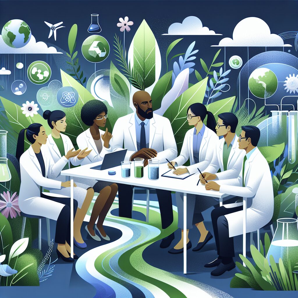 Illustration d'un groupe diversifié de professionnels en sciences de la santé et de l'environnement, en discussion autour d'une table, avec des éléments de nature et technologie en arrière-plan, mettant en avant la collaboration et l'innovation dans le domaine de la santé publique.