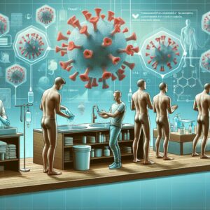 A medical illustration depicting the transmission and prevention of Hepatitis A. Includes human figures practicing hygiene, like washing hands and cleaning surfaces, with a backdrop of a virus illustration and a household setting.