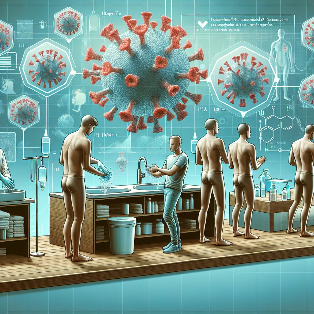 A medical illustration depicting the transmission and prevention of Hepatitis A. Includes human figures practicing hygiene, like washing hands and cleaning surfaces, with a backdrop of a virus illustration and a household setting.