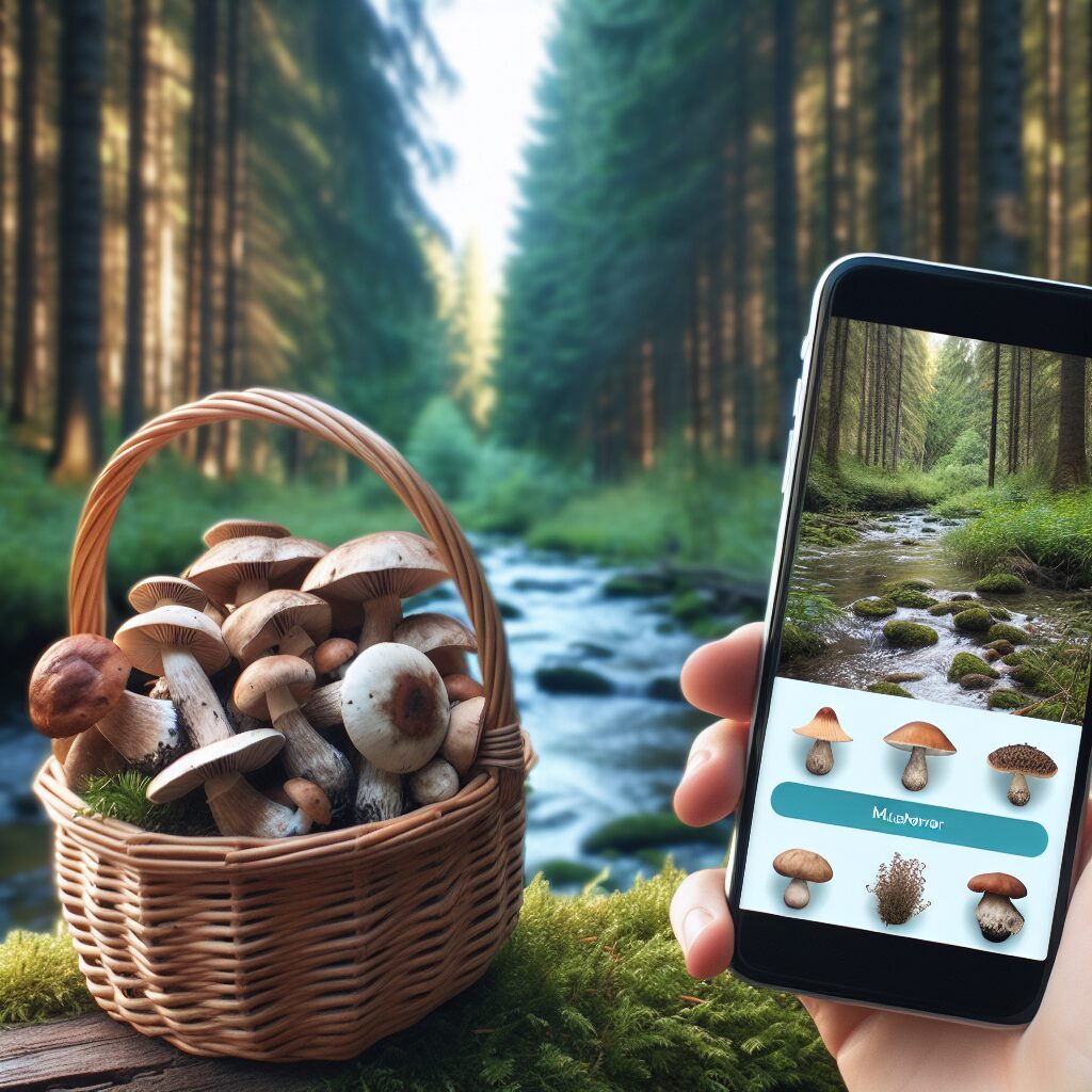 A basket full of mixed wild mushrooms in a serene forest setting, with a blurred smartphone displaying a mushroom identification app, highlighting the potential risks of misidentification.