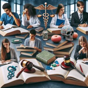 A diverse group of students studying in a modern university setting, with symbols of medicine and law integrated into the surroundings, representing the different pathways into the health studies.