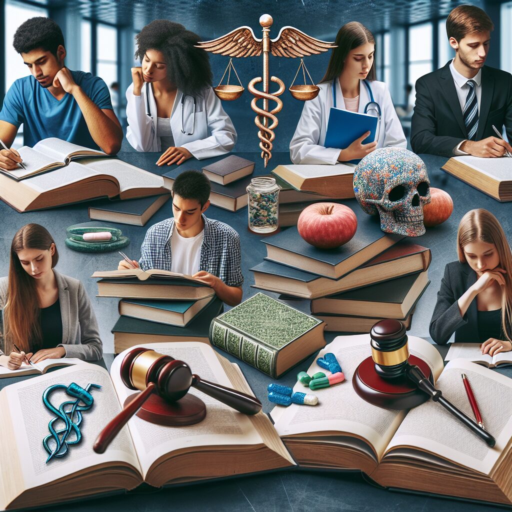 A diverse group of students studying in a modern university setting, with symbols of medicine and law integrated into the surroundings, representing the different pathways into the health studies.