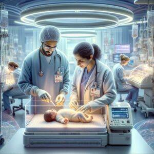 An illustrative image showing a hospital neonatal unit with medical professionals conducting genetic screening tests on newborns in a high-tech lab setting, emphasizing advanced technology and healthcare.