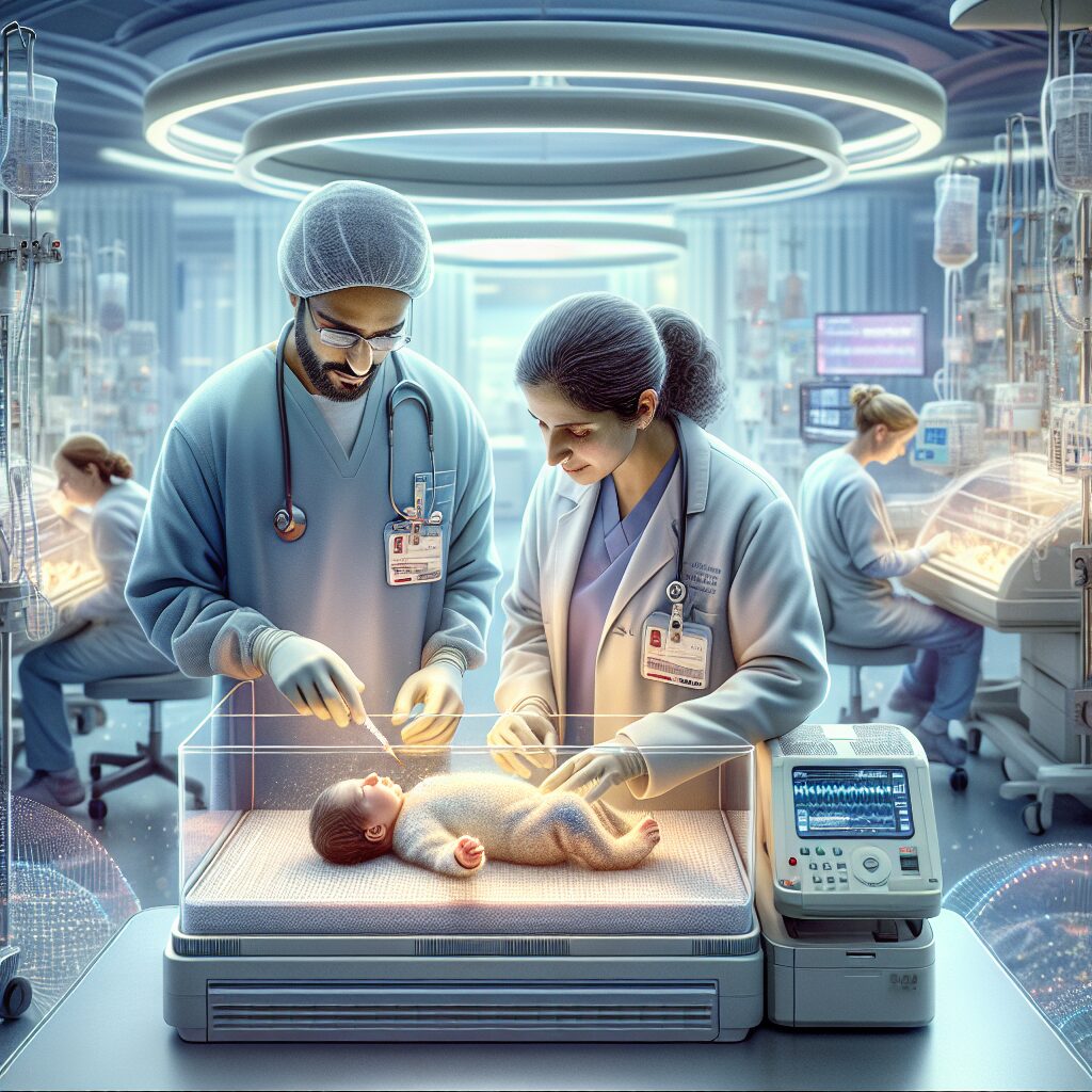 An illustrative image showing a hospital neonatal unit with medical professionals conducting genetic screening tests on newborns in a high-tech lab setting, emphasizing advanced technology and healthcare.
