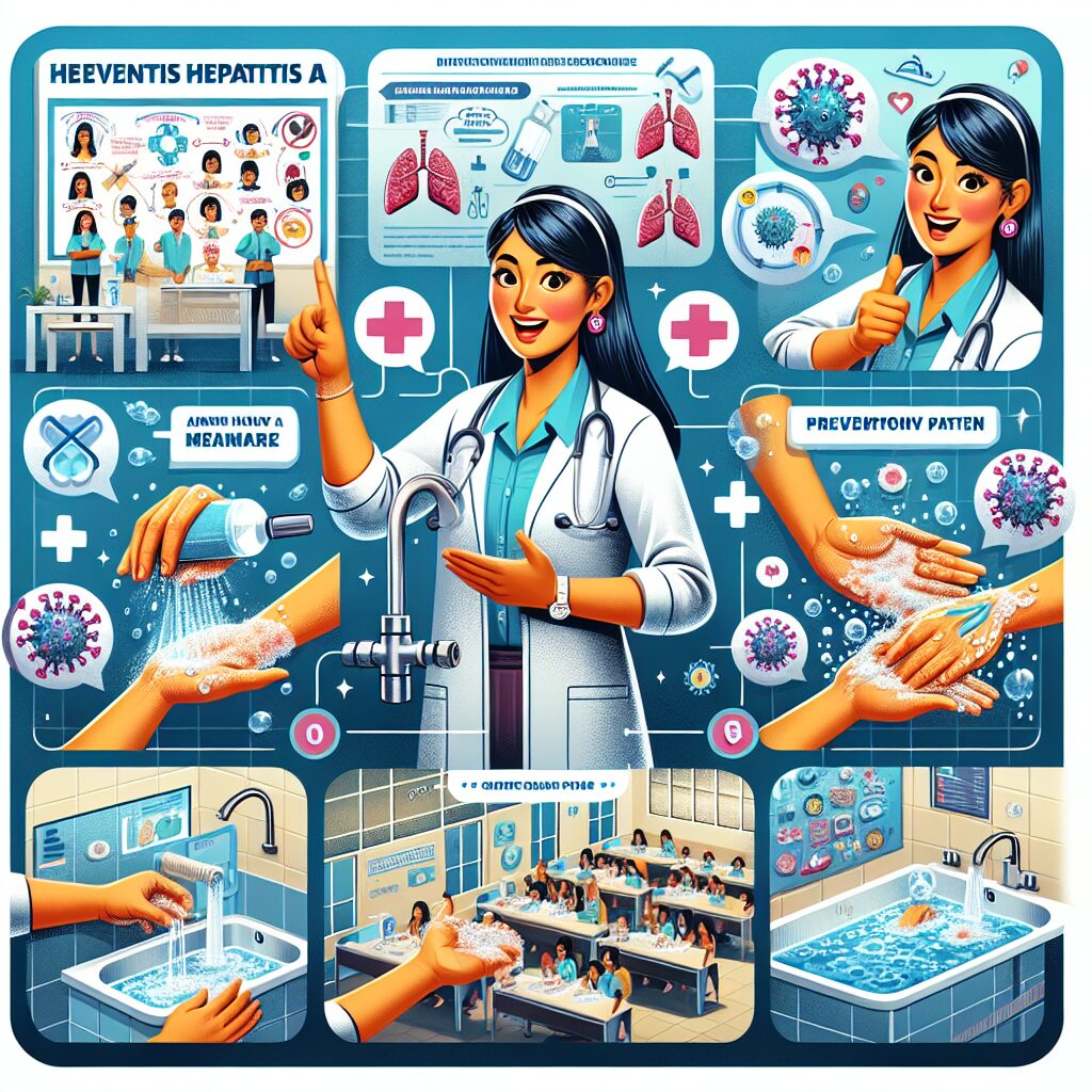 An illustration showing a healthcare professional explaining hepatitis A prevention, featuring hands being washed, and images of communal spaces like offices or swimming pools, highlighting hygiene and prevention measures.