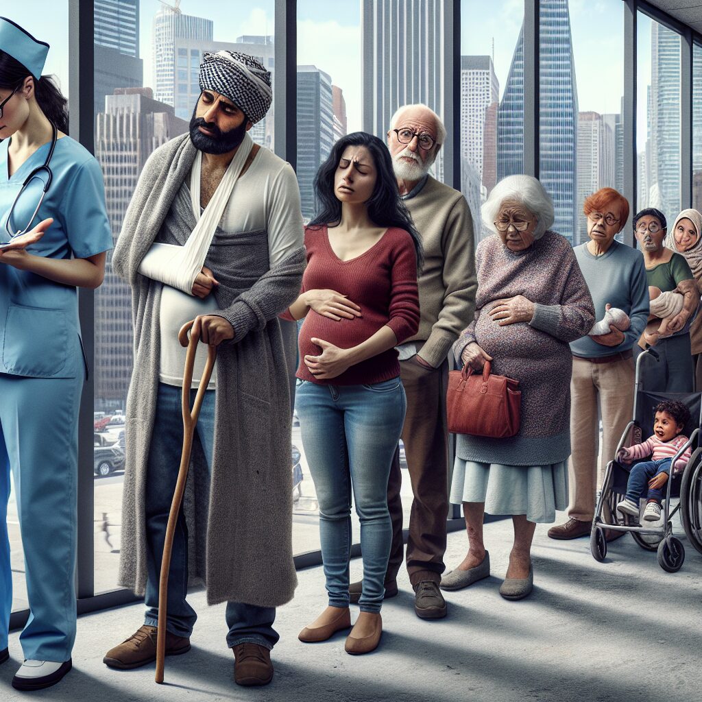 A realistic depiction of diverse individuals in need of healthcare, waiting outside a clinic, illustrating the struggle for medical access in a detailed urban setting.