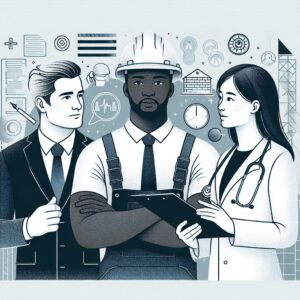 Une illustration montrant un employé de bureau, un ouvrier et un médecin discutant, avec des éléments graphiques représentant la prévention des maladies professionnelles et la santé au travail.