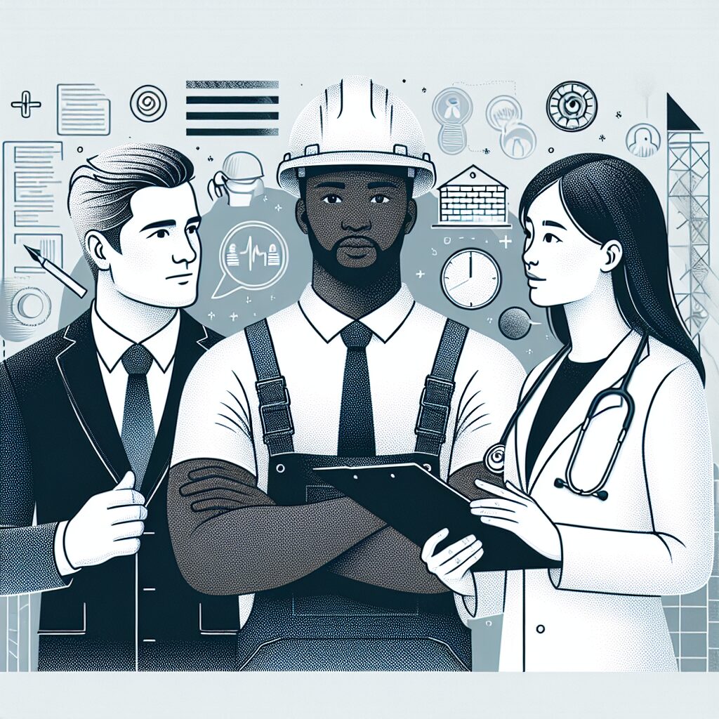 Une illustration montrant un employé de bureau, un ouvrier et un médecin discutant, avec des éléments graphiques représentant la prévention des maladies professionnelles et la santé au travail.